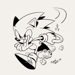 Size: 1300x1299 | Tagged: safe, artist:thomas_rsvd, sonic the hedgehog, hedgehog, 2024, classic sonic, classic sonic (universe), grey background, greyscale, holding something, male, monochrome, ring, running, simple background, solo