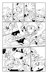 Size: 1031x1566 | Tagged: safe, artist:thomas_rsvd, amy rose, blaze the cat, egg pawn, miles "tails" prower, silver the hedgehog, sonic the hedgehog, cat, fox, hedgehog, comic, female, fight, greyscale, high five, holding something, idw sonic the hedgehog, line art, looking at each other, looking at them, male, monochrome, mouth open, official artwork, psychokinesis, robot, standing