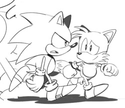 Size: 877x762 | Tagged: safe, artist:thomas_rsvd, miles "tails" prower, sonic the hedgehog, fox, hedgehog, classic sonic, classic sonic (universe), classic tails, clenched fists, duo, greyscale, idw sonic the hedgehog, looking at them, male, monochrome, simple background, sketch, smile, walking, white background