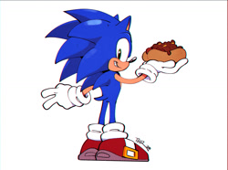 Size: 1506x1123 | Tagged: safe, artist:thomas_rsvd, sonic the hedgehog, hedgehog, 2020, chili dog, chromatic aberration, food, from behind, grin, holding something, male, simple background, smile, solo, standing, v sign, white background