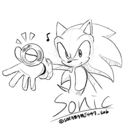 Size: 755x755 | Tagged: safe, artist:soramame447, sonic the hedgehog, hedgehog, character name, greyscale, holding something, male, monochrome, ring, simple background, sketch, smile, solo, white background