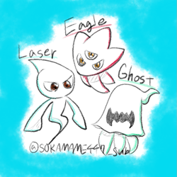 Size: 755x755 | Tagged: safe, artist:soramame447, jade wisp, wisp, blue background, character name, crimson wisp, cyan wisp, mouth open, simple background, sketch, trio