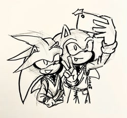 Size: 1889x1751 | Tagged: safe, artist:soramame447, silver the hedgehog, sonic the hedgehog, hedgehog, duo, greyscale, holding something, korean text, male, monochrome, pants, phone, selfie, simple background, sketch, smile, standing, tongue out, v sign, vest, white background, wink