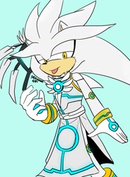 Size: 1181x1606 | Tagged: safe, artist:soramame447, silver the hedgehog, hedgehog, alternate outfit, blue background, lidded eyes, looking at viewer, male, simple background, smile, solo, tongue out