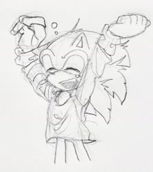 Size: 1373x1537 | Tagged: safe, artist:soramame447, sonic the hedgehog, hedgehog, arms up, eyes closed, greyscale, male, monochrome, mouth open, pencilwork, shirt, simple background, sketch, solo, standing, stretching, traditional media