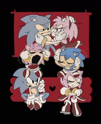 Size: 1476x1821 | Tagged: safe, artist:_b_l_e_e_m_, amy rose, sonic the hedgehog, hedgehog, amy x sonic, chibi, duo, eyes closed, female, hands on another's face, heart, looking at each other, looking at them, male, mouth open, shipping, simple background, sitting, standing, straight