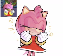 Size: 1665x1474 | Tagged: safe, artist:_b_l_e_e_m_, amy rose, hedgehog, blushing, clenched fists, eyes closed, female, redraw, reference inset, simple background, smile, solo, sonic rush, standing, white background