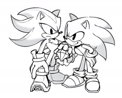 Size: 1804x1457 | Tagged: safe, artist:_b_l_e_e_m_, shadow the hedgehog, sonic the hedgehog, hedgehog, chaos emerald, duo, frown, greyscale, hand on hip, holding something, looking at each other, looking at them, male, monochrome, simple background, smile, standing, white background