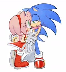 Size: 1792x1948 | Tagged: safe, artist:_b_l_e_e_m_, amy rose, sonic the hedgehog, hedgehog, amy x sonic, collar, duo, female, hand on another's arm, lidded eyes, looking at each other, looking at them, male, mouth open, shipping, simple background, smile, standing, straight, white background