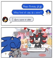 Size: 1561x1732 | Tagged: safe, artist:_b_l_e_e_m_, amy rose, cheese (chao), cream the rabbit, e-123 omega, knuckles the echidna, miles "tails" prower, rouge the bat, shadow the hedgehog, sonic the hedgehog, bat, chao, fox, hedgehog, birthday, cake, comic, english text, eyes closed, female, food, happy birthday, hat, looking at them, male, mouth open, neutral chao, party, party hat, robot, smile, standing, texting