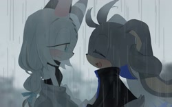 Size: 2048x1279 | Tagged: safe, artist:roastedgarlics2, oc, rabbit, duo, eyes closed, female, from side, gift art, looking at them, mouth open, oc only, rain, smile