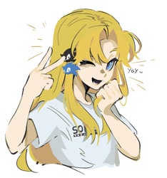 Size: 1048x1118 | Tagged: safe, artist:_b_l_e_e_m_, maria robotnik, shadow the hedgehog, sonic the hedgehog, human, alternate outfit, female, looking at viewer, mouth open, shirt, simple background, smile, solo, v sign, white background, wink
