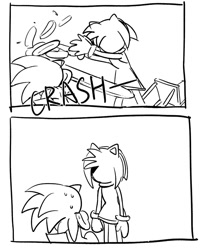 Size: 1095x1355 | Tagged: safe, artist:_b_l_e_e_m_, amy rose, sonic the hedgehog, hedgehog, chili dog, comic, duo, english text, female, food, greyscale, looking at them, male, monochrome, simple background, sitting, standing, table, white background