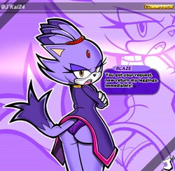Size: 2048x1996 | Tagged: suggestive, artist:kaiatnightlies, blaze the cat, cat, arms folded, butt, dialogue, echo background, english text, female, from behind, lidded eyes, looking at viewer, looking back, looking back at viewer, outline, panties, standing, style emulation, talking, talking to viewer, text, uekawa style