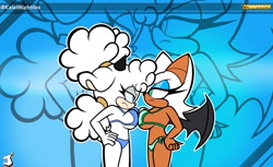 Size: 1199x735 | Tagged: suggestive, artist:kaiatnightlies, lanolin the sheep, rouge the bat, bat, sheep, bikini, breasts, breasts are touching, busty lanolin, busty rouge, echo background, female, flat colors, hands on hips, lidded eyes, looking at each other, outline, rivalry, side view, standing