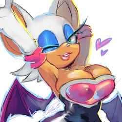 Size: 1400x1400 | Tagged: suggestive, artist:fsonic3, rouge the bat, bat, 2025, breasts, busty rouge, cleavage, female, heart, lidded eyes, looking at viewer, one eye closed, redraw, signature, simple background, smile, solo, sonic racing crossworlds, stretching, white background