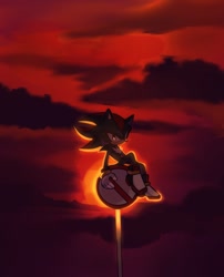 Size: 1108x1370 | Tagged: safe, artist:tamjeong_sonic, shadow the hedgehog, 2025, clouds, looking at viewer, outdoors, sign, sitting, solo, sunset