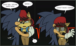 Size: 1995x1195 | Tagged: safe, artist:tracingpapier, sally acorn, sonic the hedgehog, chipmunk, hedgehog, 2023, alternate universe, comic, deroboticized, duo, english text, female, guilt, holding arm, male, sally x sonic, sally's vest and boots, shipping, speech bubble, straight, tears, tears of happiness