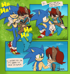 Size: 2066x2173 | Tagged: safe, artist:tracingpapier, sally acorn, sonic the hedgehog, chipmunk, hedgehog, 2023, alternate universe, blushing, comic, daytime, dialogue, duo, english text, female, grass, grass field, hand on another's cheek, happy, laughing, lying down, male, sally x sonic, sally's vest and boots, shipping, smile, speech bubble, straight