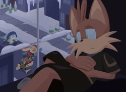 Size: 2048x1492 | Tagged: safe, artist:jam06art, cream the rabbit, kit the fennec, marine the raccoon, miles "tails" prower, nine, fox, rabbit, raccoon, sonic prime, clothes, eyes closed, female, fennec, frown, fully clothed, hat, indoors, looking at them, looking back, looking back at them, lying back, male, mouth open, nine tails, one eye closed, open smile, quartet, running, sidewalk, smile, snow, solo focus, street, tails nine, window, winter, winter outfit