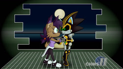 Size: 1280x725 | Tagged: safe, artist:chms-11, nicole the hololynx, shard the metal, lynx, 2025, dancing, duo, female, looking at each other, male, moon, nighttime, robot, shardicole, shipping, straight, watermark