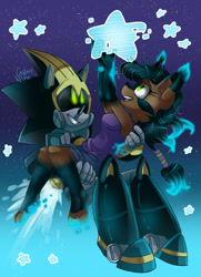 Size: 1024x1418 | Tagged: safe, artist:galaxynite, nicole the hololynx, shard the metal, lynx, 2016, alternate outfit, carrying them, duo, female, flying, male, robot, shardicole, shipping, space, star, star (sky), straight