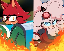 Size: 2000x1600 | Tagged: safe, artist:quaverdraws, gadget the wolf, lanolin the sheep, sheep, wolf, 2025, alternate outfit, duo, glasses, goggles, helmet, holding something, racing suit, shipping, sonic racing crossworlds, straight, suit, sweatdrop