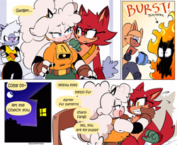 Size: 2538x2086 | Tagged: safe, artist:quaverdraws, gadget the wolf, lanolin the sheep, mimic the octopus, tangle the lemur, whisper the wolf, cat, lemur, sheep, wolf, 2025, bed, burning, comic, crying, dialogue, disguise, duo focus, duo the cat, english text, female, fire, flamethrower, glasses, holding something, house, male, moon, nighttime, quartet, realization, scarf, sitting, speech bubble, tears, thumbs up, weapon