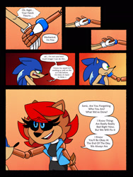 Size: 1536x2048 | Tagged: safe, artist:kittytale, sally acorn, sonic the hedgehog, hedgehog, 2026, comforting, comic, dialogue, duo, english text, evening, female, male, metal virus, robot, roboticized, sally x sonic, sally's ringblader outfit, shipping, speech bubble, straight