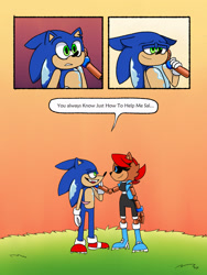Size: 1536x2048 | Tagged: safe, artist:kittytale, sally acorn, sonic the hedgehog, hedgehog, 2026, comforting, comic, dialogue, duo, english text, evening, female, male, metal virus, robot, roboticized, sally x sonic, sally's ringblader outfit, shipping, speech bubble, straight, wound