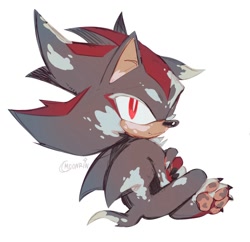 Size: 1000x968 | Tagged: safe, artist:moonrin__, shadow the hedgehog, 2025, claws, ear flop, gloves off, legs crossed, looking at viewer, looking back, looking back at viewer, pawpads, paws, signature, simple background, sitting, smile, solo, vitiligo, white background