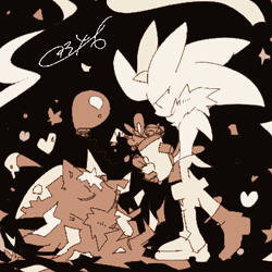 Size: 400x400 | Tagged: safe, artist:34_6, mephiles the dark, silver the hedgehog, 2025, black background, duo, holding something, looking at each other, looking at them, monochrome, signature, simple background, standing