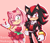 Size: 1280x1105 | Tagged: safe, artist:imogakan, amy rose, shadow the hedgehog, hedgehog, 2020, age difference, amy x shadow, clothes, dress, duo, female, fully clothed, heart, jacket, looking at viewer, male, pose, shipping, straight