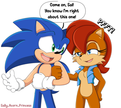 Size: 2789x2499 | Tagged: safe, artist:sallyrose975, sally acorn, sonic the hedgehog, chipmunk, hedgehog, 2024, dialogue, duo, english text, female, male, sally x sonic, sally's vest and boots, shipping, simple background, speech bubble, straight
