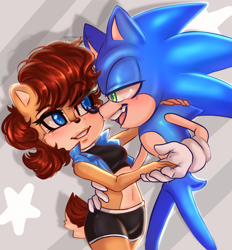 Size: 3615x3898 | Tagged: safe, artist:gummierat, sally acorn, sonic the hedgehog, chipmunk, hedgehog, 2022, blushing, dancing, duo, female, looking at each other, male, sally x sonic, sally's ringblader outfit, shipping, star (symbol), straight