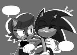 Size: 3508x2480 | Tagged: safe, artist:rumblebee7, sally acorn, sonic the hedgehog, chipmunk, hedgehog, 2020, duo, female, greyscale, male, sally x sonic, sally's ringblader outfit, shipping, simple background, speech bubble, straight, talking