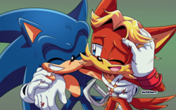 Size: 1440x900 | Tagged: safe, artist:risziarts, antoine d'coolette, sonic the hedgehog, coyote, hedgehog, 2023, carrying them, duo, male, simple background, smile, sword, wedding ring, wound