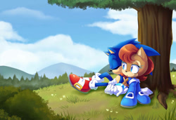 Size: 1082x739 | Tagged: safe, artist:metalpandora, sally acorn, sonic the hedgehog, chipmunk, hedgehog, 2022, archived art, daytime, duo, female, male, sally x sonic, sally's ringblader outfit, shipping, sitting, sleeping, straight, tree, under a tree