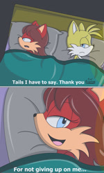 Size: 993x1660 | Tagged: safe, artist:herl89, fiona fox, miles "tails" prower, fox, 2021, bed, bedroom, blanket, comic, dialogue, duo, english text, female, fiona x tails, male, pillow, shipping, speech bubble, straight