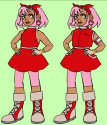 Size: 856x1000 | Tagged: safe, artist:nightgarla, amy rose, human, ear piercing, earring, eyebrow clipping through hair, female, green background, hands on hips, humanized, looking offscreen, needs more jpeg, piercing, simple background, solo