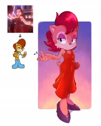 Size: 1789x2226 | Tagged: safe, artist:saffrosty234, sally acorn, chipmunk, 2026, clothes, cosplay, crossover, dress, female, looking at viewer, mario, nighttime, pauline (mario), pose, smile, solo, standing