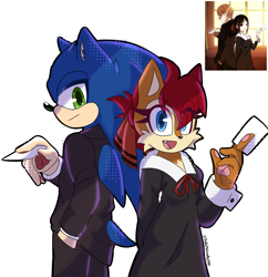 Size: 2360x2433 | Tagged: safe, artist:yukinebury06, sally acorn, sonic the hedgehog, chipmunk, hedgehog, anime, clothes, cosplay, crossover, duo, female, fully clothed, holding something, kaguya-sama, looking at viewer, male, paper, sally x sonic, school uniform, shipping, simple background, straight, white background