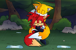 Size: 1500x1003 | Tagged: safe, artist:my-face-is-tired, fiona fox, miles "tails" prower, fox, 2014, comforting, crying, duo, female, fiona x tails, forest, male, rain, shipping, straight, tears