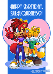 Size: 1024x1434 | Tagged: safe, artist:azureblueworld, fiona fox, miles "tails" prower, fox, 2015, alternate outfit, blushing, clothes, duo, english text, female, fiona x tails, heart, hoodie, looking at viewer, male, pants, pose, shipping, sleeveless shirt, smile, straight, v sign