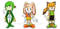 Size: 900x440 | Tagged: safe, artist:ingriid-chan, cosmo the seedrian, cream the rabbit, marine the raccoon, 2016, child, deviantart watermark, eyebrow clipping through hair, gender swap, looking at viewer, looking offscreen, male, males only, obtrusive watermark, signature, simple background, smile, standing, trio, trio male, watermark, white background