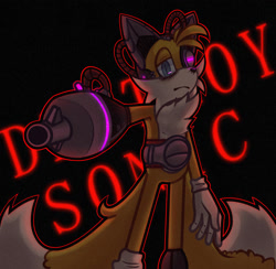 Size: 2048x1998 | Tagged: safe, artist:poxyloxyl, miles "tails" prower, 2023, arm buster, black background, cyborg, cyborg tails, dark bags under eyes, frown, lidded eyes, outline, simple background, solo, sonic lost world, standing, text