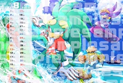 Size: 2052x1389 | Tagged: safe, artist:kot618, big the cat, froggy, jet the hawk, storm the albatross, wave the swallow, 2024, babylon rogues, boat, burger, clouds, daytime, extreme gear, food, group, hawaiian shirt, holding something, looking at viewer, obtrusive watermark, outdoors, shirt, smile, watermark