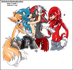 Size: 840x800 | Tagged: safe, artist:crumpet, knuckles the echidna, miles "tails" prower, shadow the hedgehog, sonic the hedgehog, 2004, belly button, blushing, clothes, gay, group, holding hands, holding them, knuckles x shadow x sonic x tails, knuxadow, knuxails, knuxonic, mouth open, pants, polyamory, shadow x sonic, shadow x tails, shipping, shorts, signature, simple background, sonic x tails, topless, white background