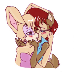 Size: 351x342 | Tagged: safe, artist:crumpet, bunnie rabbot, sally acorn, 2004, bunnally, bunnie x sally, cleavage, deroboticized, duo, floppy ears, kiss, kiss on cheek, lesbian, lidded eyes, looking at each other, mouth open, shipping, simple background, standing, white background