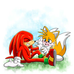 Size: 1093x1093 | Tagged: safe, artist:miles-loves, knuckles the echidna, miles "tails" prower, 2020, age difference, blushing, crying, duo, eyes closed, gay, gradient background, hand on face, knuxails, looking at them, shipping, smile, tears, tears of worry, treads